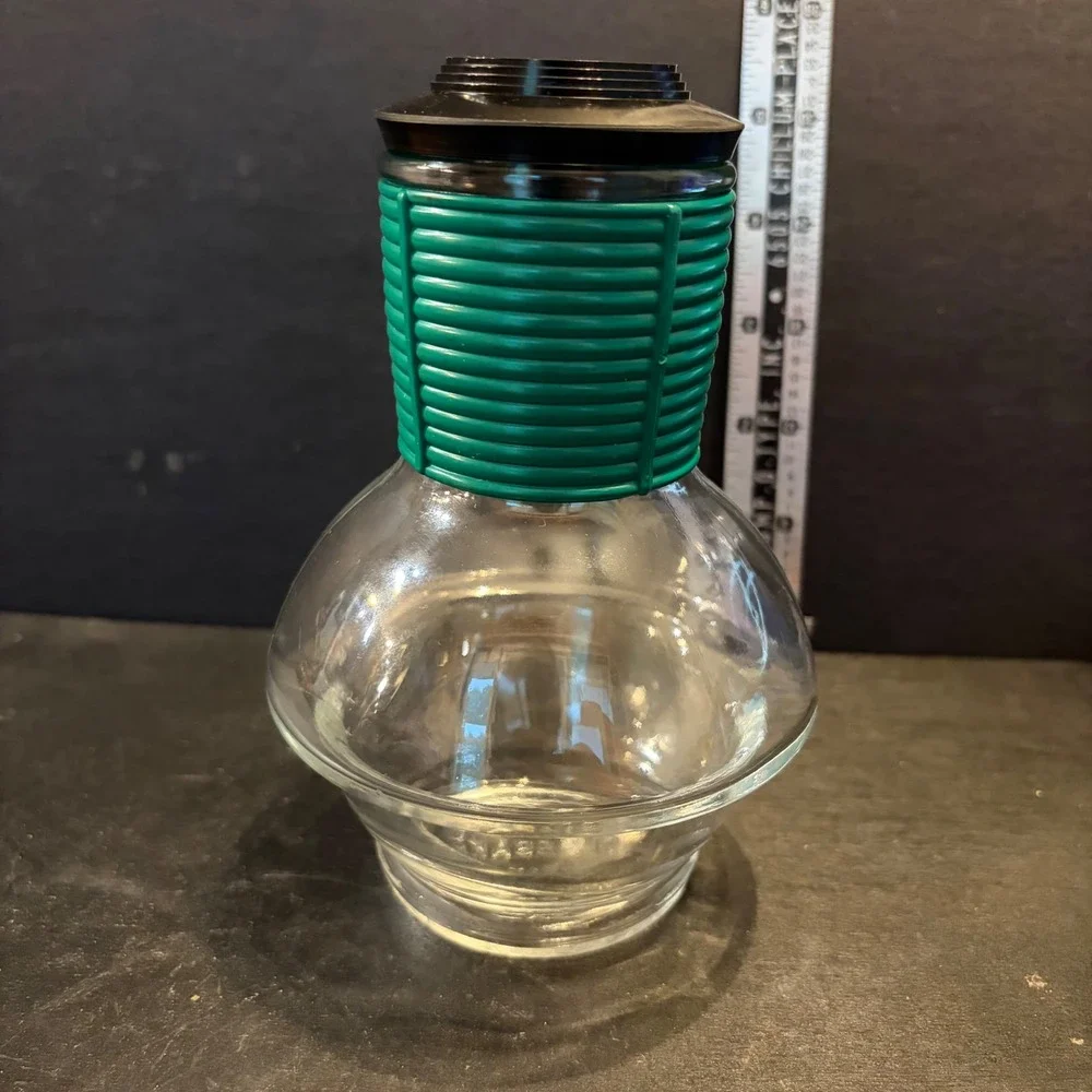 Vintage Glassbake Hottle Individual Coffee Carafe Green Ribbed Grip Black Lid